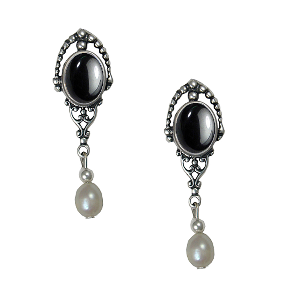 Sterling Silver Cultured Freshwater Pearl Drop Dangle Earrings With Hematite